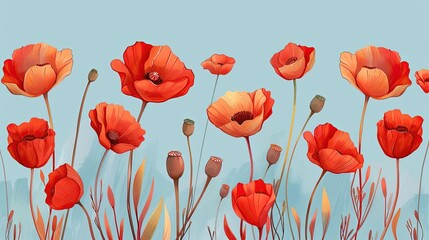 A painting of a field of red flowers with a blue sky in the background