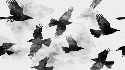 A group of black birds flying in the sky