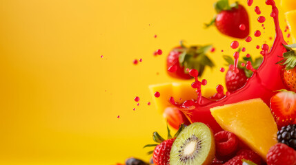 Fresh fruit plunge creating juice splash, background with empty space for text 