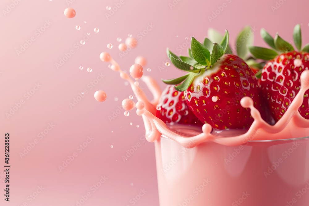 Sticker fresh strawberry plunging into juice with splash, isolated on a gradient background