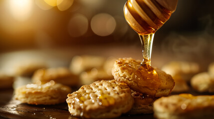 Golden honey drizzle on fresh biscuit, warm tones, sweet indulgence, rustic charm concept 