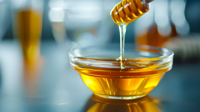 Golden honey flowing into glass bowl, vibrant amber tones, natural organic sweetness and smooth texture concept 