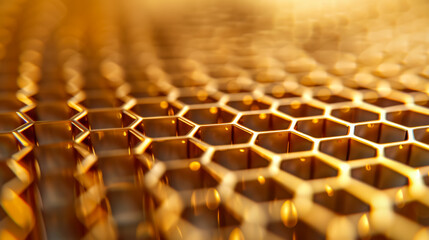 Obraz premium Golden honeycomb pattern with flowing amber texture, honey concept, abstract background, closeup view 