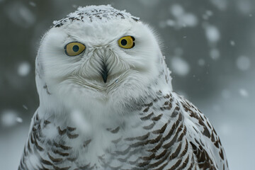 Obraz premium Majestic snowy owl standing in falling snow
