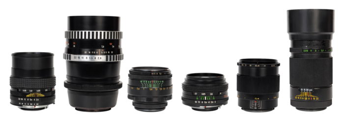 A Collection of Vintage and Modern Camera Lenses on a Transparent Background