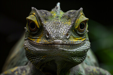 A green lizard with yellow markings, sitting on a rock, captured in a close-up view with a focused expression