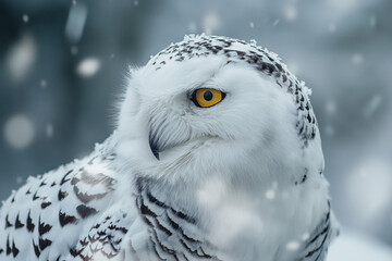Obraz premium Snowy owl perched on branch during snowfall
