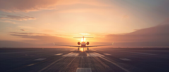A plane taxis on the runway during a beautiful sunset, capturing the beauty of travel and aviation at golden hour.