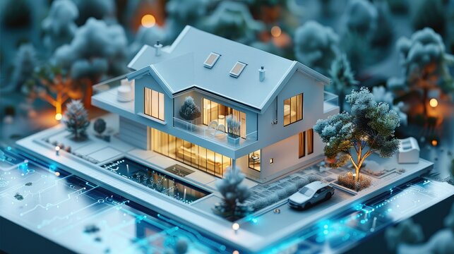 AI algorithms seamlessly adjusting home heating and cooling systems based on occupancy patterns and weather forecasts, maximizing comfort while minimizing energy. isometric, 3D. Generative AI.