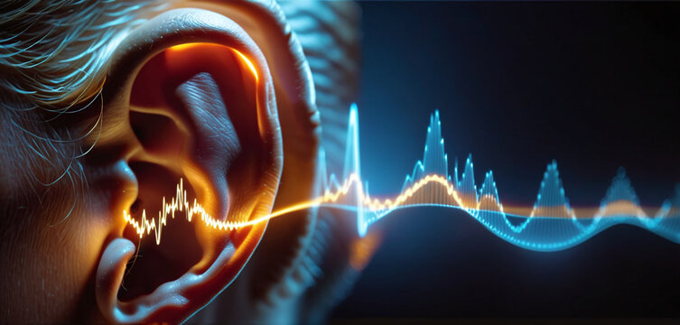 Auditory perception, person listens or hearing deteriorates , waveforms visualize sounds propagating in the surrounding air