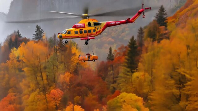 A helicopter flies over a burning forest, participating in extinguishing the fire.
Concept: struggle and emergency situations, rescue operations