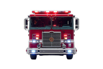 A red fire truck with its lights on, showcasing its front view on a transparent background