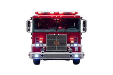 A red fire truck with its lights on, showcasing its front view on a transparent background