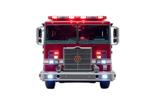 A red fire truck with its lights on, showcasing its front view on a transparent background