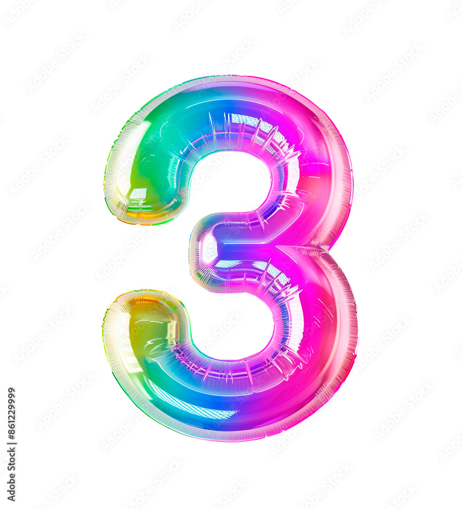 Fototapete ai generated photo with inflatable multicolored neon number 3. minimalistic balloon isolated on a tr