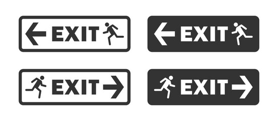 Vector illustration of exit sign icons with running man and directional arrows, ideal for emergency and safety designs.