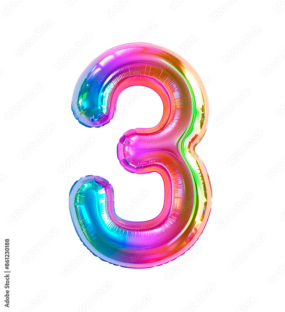 Fototapete ai generated photo with inflatable multicolored neon number 3. minimalistic balloon isolated on a tr