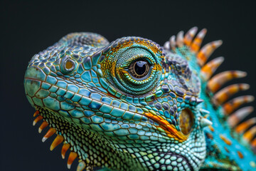 Obraz premium A vibrant lizard with blue and orange scales, captured in close-up, showing intricate details and texture