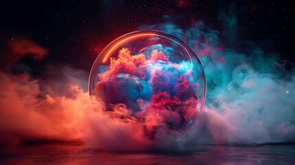 3D Spectacular cosmic cloud explosion within transparent sphere with red background. Nebula and stars in space concept with purple neon. Abstract wallpaper and creative design, AI Generative.