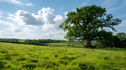 a green leafy tree on valley with cloudy blue sky background, copy space.