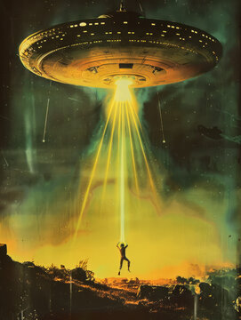 1960s 1970s film style person being abducted by aliens in a flying saucer UFO, a person is being pulled up into the spaceship in a beam of golden light on deserted country road