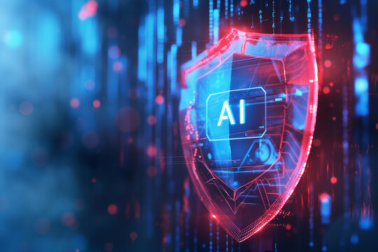 Glowing red AI shield in a digital landscape, representing advanced technology and cybersecurity