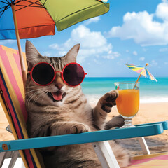Cat chilling under an Umbrella in the Summer and sipping juice 