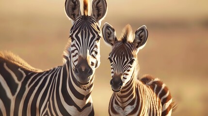 Naklejka premium Plains zebra and foal stand facing camera. 
