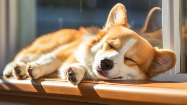 Cute corgi pup naps in the sunny window, a heartwarming sight for dog lovers.