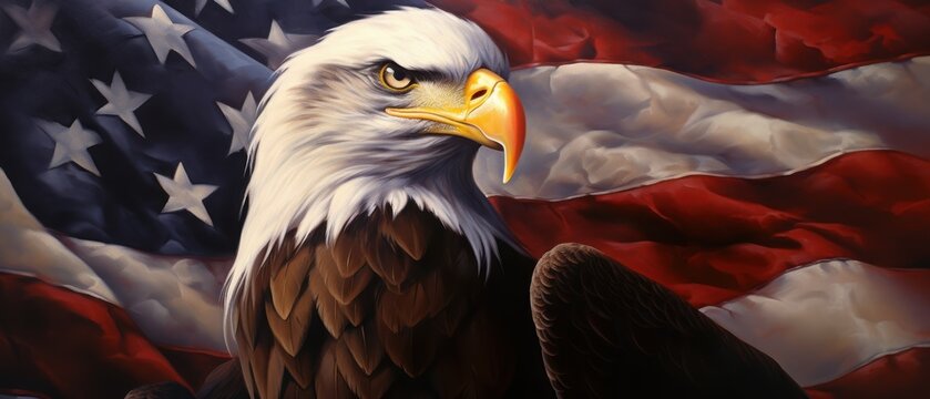 A majestic bald eagle is set against a vibrant American flag background, symbolizing freedom, strength, and national pride.