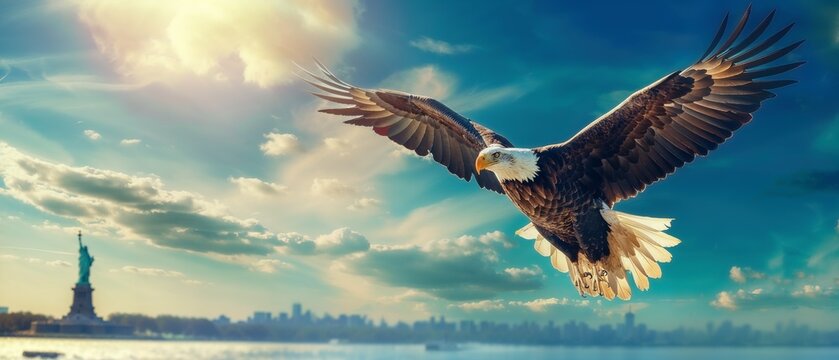 A majestic bald eagle soars over the water with the Statue of Liberty in the background, under a beautiful blue sky with fluffy clouds.