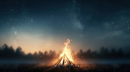 Campfire under a starry sky in the woods at night, with a glowing fire illuminating the dark forest. Perfect for nature and adventure themes.