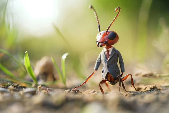 An ant in a suit standing on dirt, with a clear sky background, looking ready for business