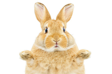 Obraz premium Close-up of an adorable brown rabbit with upright ears and fluffy fur against a white background, showcasing its curious expression.