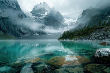 surreal glacier lake landscape crystal clear water towering icecapped mountains vivid turquoise hues ethereal mist reflective surface - Powered by Adobe