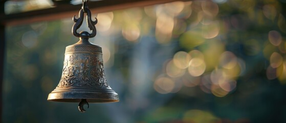 Fototapeta premium Close-up of an ornate bell hanging outdoors with a bokeh background, showcasing intricate design elements and blurred natural scenery.