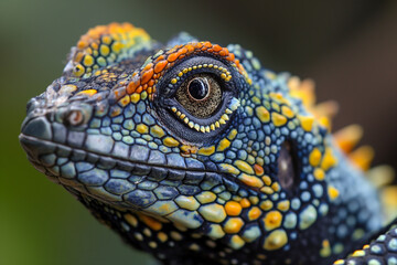 Fototapeta premium Close-up of a lizard’s face, showcasing its intricate scales and vibrant colors of blue, orange, and yellow