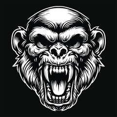 Obraz premium Dark Art Angry Beast Monkey Skull Head Black and White Illustration