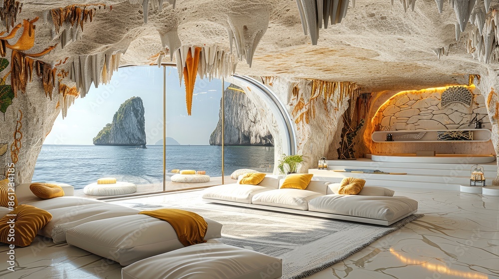 Wall mural a luxurious modern living room in an ancient cave, overlooking the sea with white sofas and yellow p - Wall murals