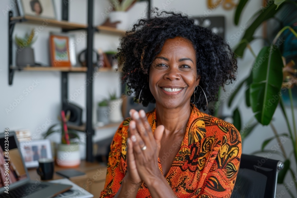 Wall mural Portrait of a smiling afro-american woman in her 40s joining palms in a gesture of gratitude isolated in stylized simple home office background - Wall murals