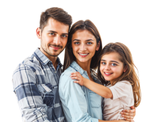 Joyful Family Beam: Pure Love in Every Smile. Young parents and their playful daughter beam at the camera, radiating love and connection. Warm smiles and shared gazes showcase genuine happiness.