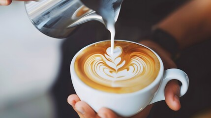 Close up barista pouring making latte or cappuccino coffee.