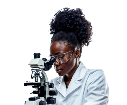 Unveiling the Invisible: A Determined Black Female Scientist in Her Early Thirties, Glasses Perched on Her Nose, Peers Through a Microscope with Focused Intensity. the Analyzed Samples.
