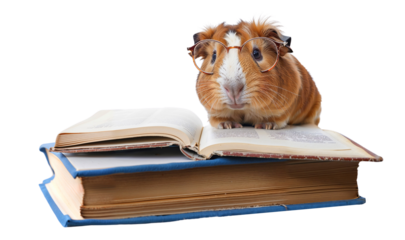 The Bookish Bunch: A Studious Guinea Pig Ready to Learn. A Scholarly Sitter. a guinea pig sporting stylish glasses, perched atop an open book. sense of wonder and intellectual curiosity.