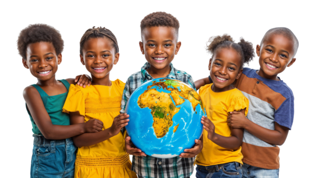 The World in Their Hands: Empowering Young Minds for a Brighter Future. A Spark of Global Awareness. Cultivating a Global Mindset: a group of happy African American children holding a globe of Earth.