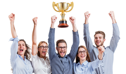 Euphoria in the Spotlight: A diverse team of business professionals basks in victory, hoisting a golden trophy aloft in a photorealistic celebration of achievement. capturing the pure joy and triumph 