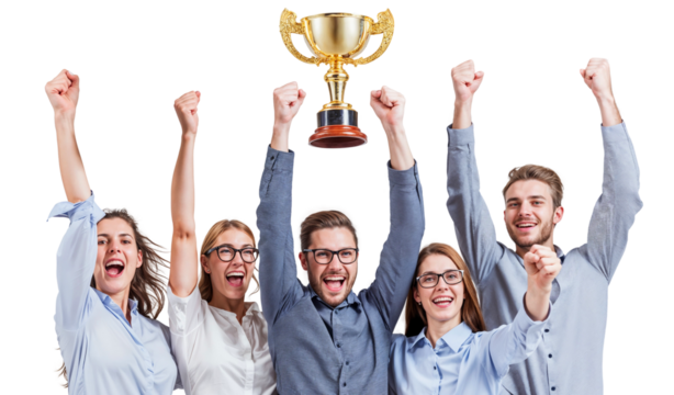 Euphoria in the Spotlight: A diverse team of business professionals basks in victory, hoisting a golden trophy aloft in a photorealistic celebration of achievement. capturing the pure joy and triumph  - Powered by Adobe