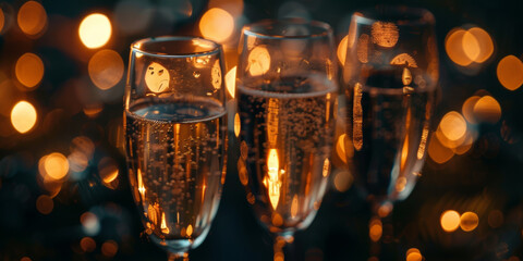Glamorous Celebration with Three Glasses of Sparkling Champagne and Festive Bokeh Lights
