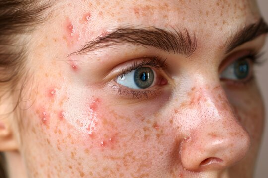 Woman with acne pimples on skin