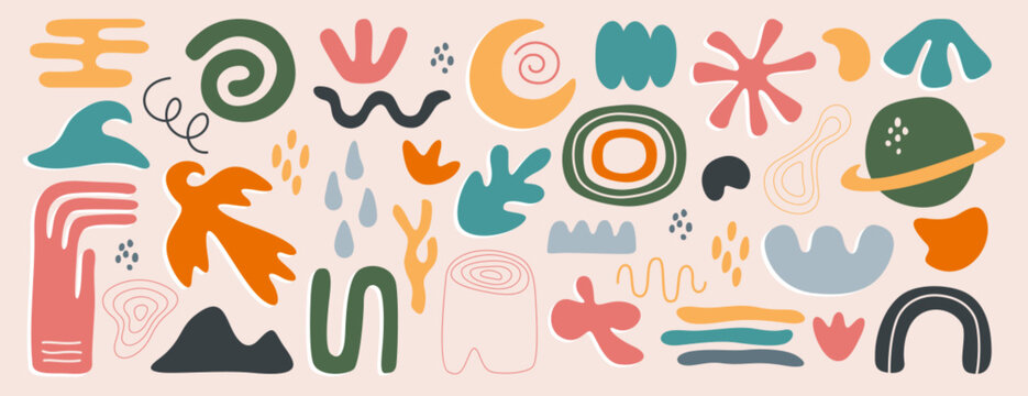 Vector set of abstract geometric shapes, lines and nature forms. Collection of hand drawn trendy basic simple figures, organic matisse design elements. Freehand childish icons, freeform doodle objects